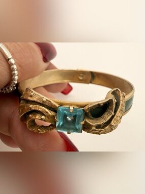 Victorian Antique Blue Czech Glass Rhinestone Gold Filled Bow Bangle Bracelet